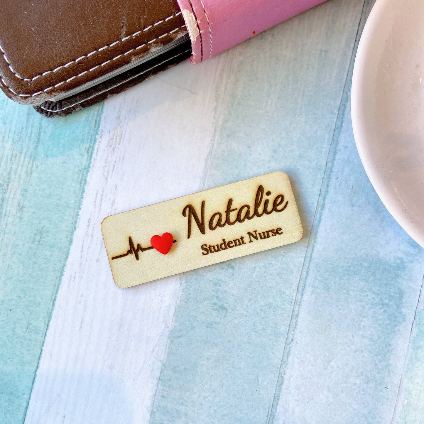 Nursing Handmade 3D Personalized Wooden Name Tag Badge - Cross Heart