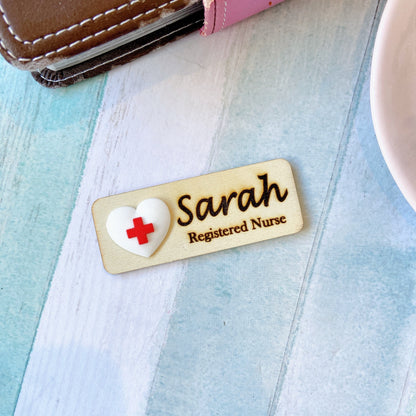 Nursing Handmade 3D Personalized Wooden Name Tag Badge - Cross Heart