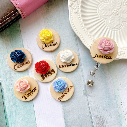 Glitter Rose Handmade 3D Personalized Chrysanthemum Name Badge Reel - White