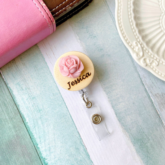 Glitter Rose Handmade 3D Personalized Chrysanthemum Name Badge Reel - Pink