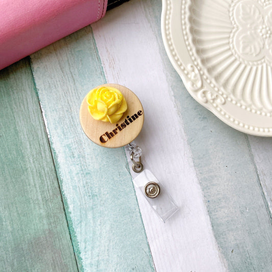 Glitter Rose Handmade 3D Personalized Chrysanthemum Name Badge Reel - Yellow