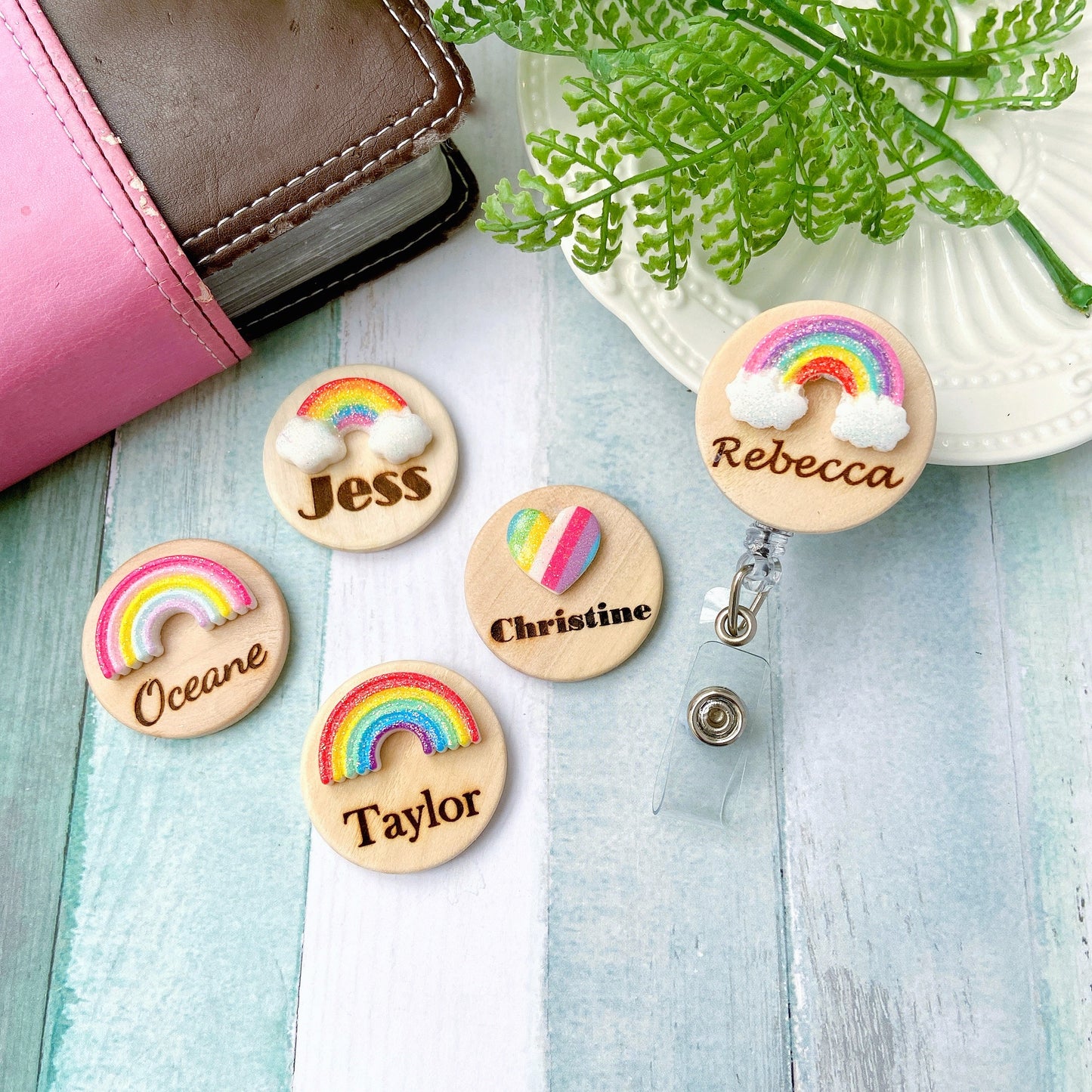 Glitter Rainbow Handmade 3D Personalized Name Badge Reel - Pink Rainbow Cloud