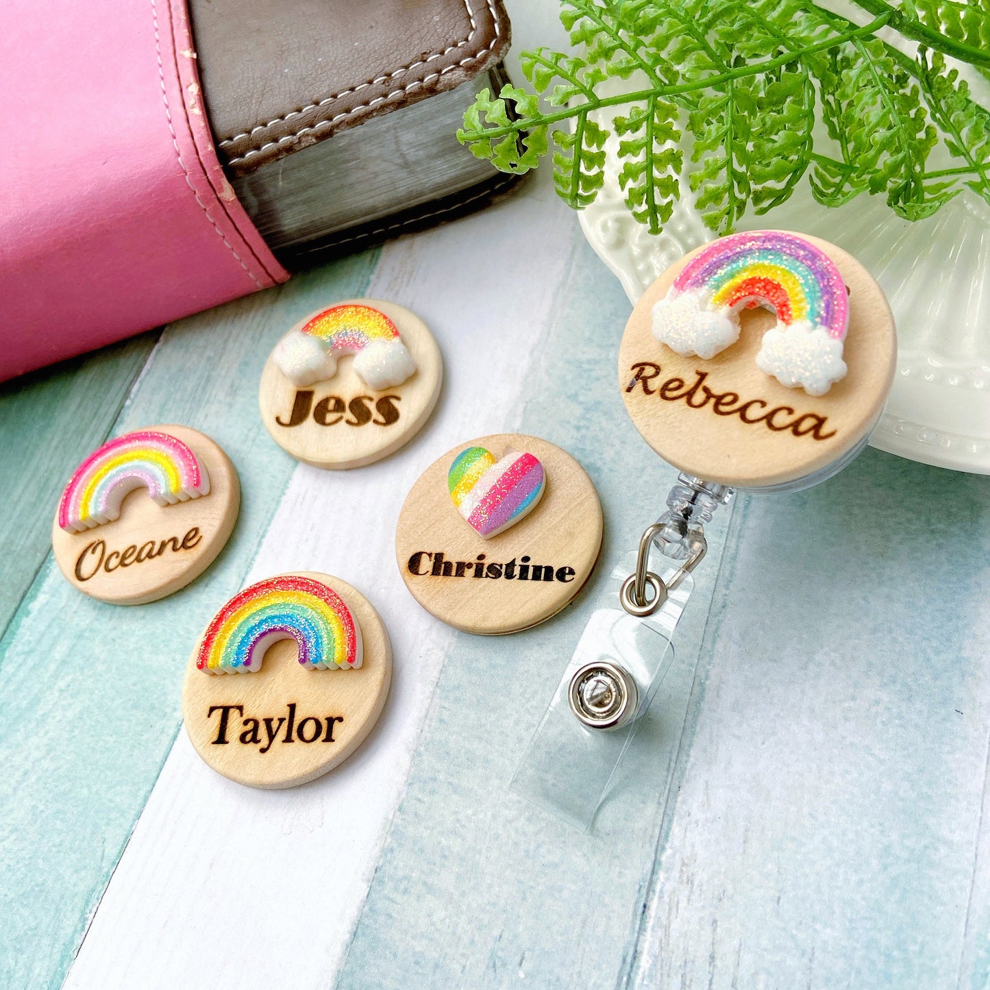 Glitter Rainbow Handmade 3D Personalized Name Badge Reel - Pink Rainbow Cloud