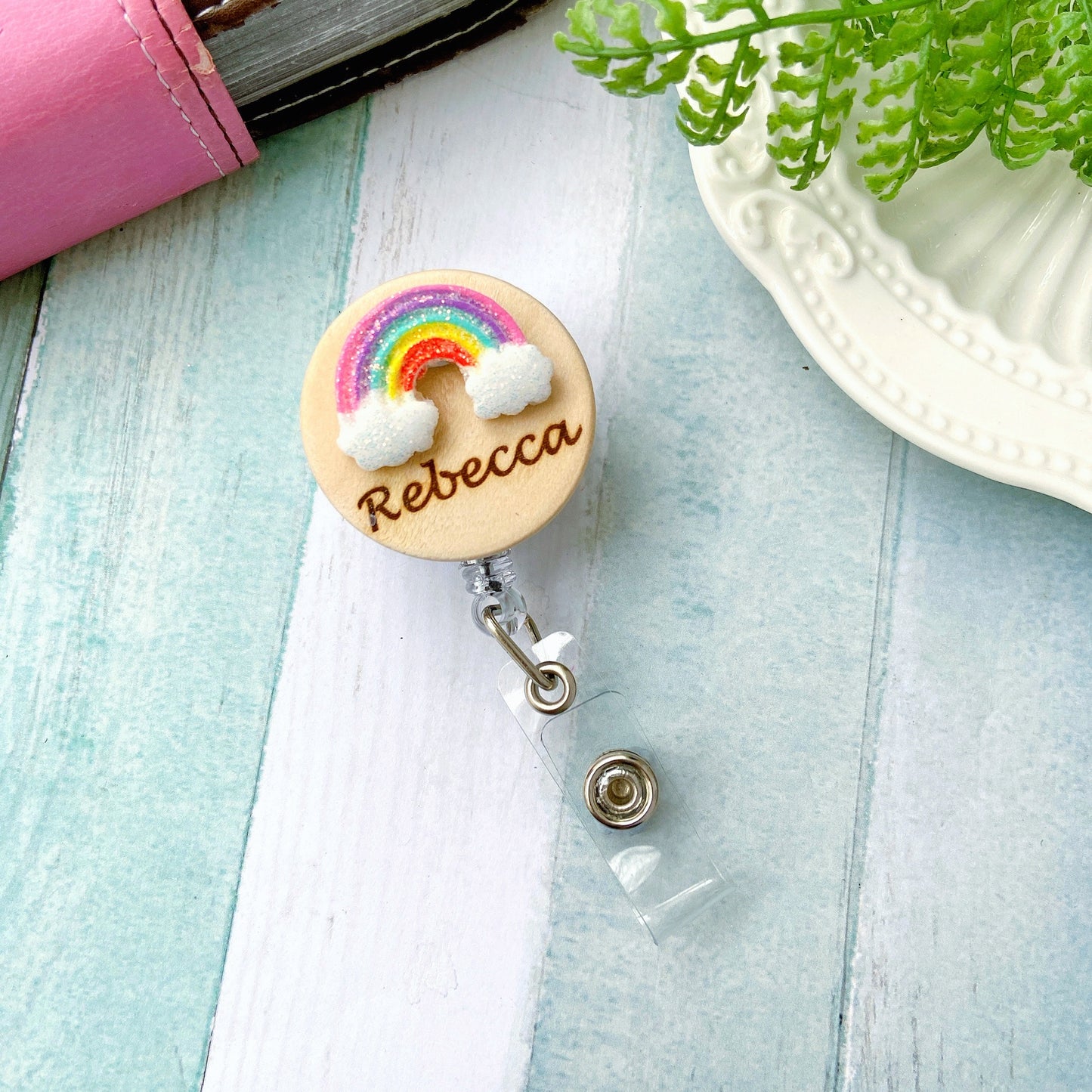 Glitter Rainbow Handmade 3D Personalized Name Badge Reel - Pink Rainbow Cloud