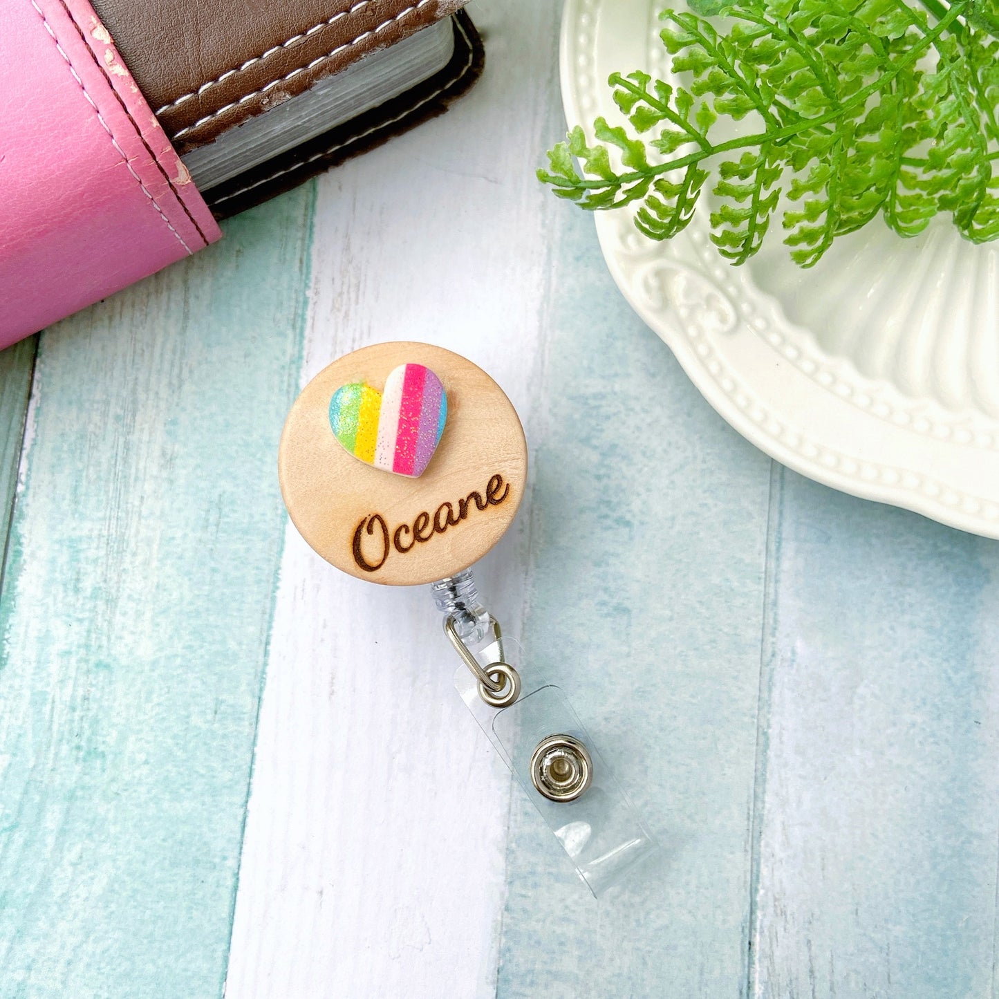 Glitter Rainbow Handmade 3D Personalized Name Badge Reel - Pink Rainbow Cloud