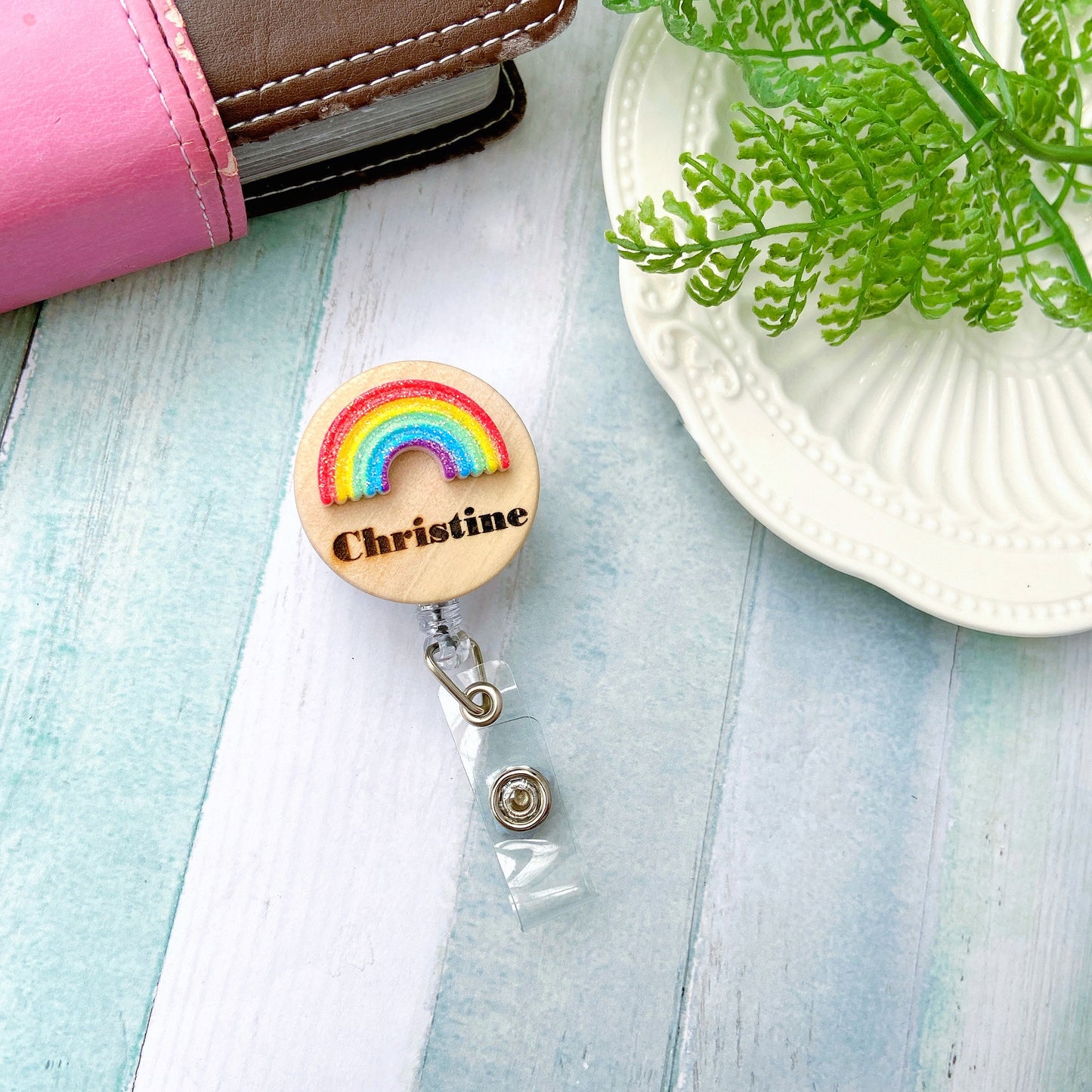 Glitter Rainbow Handmade 3D Personalized Name Badge Reel - Pink Rainbow Cloud