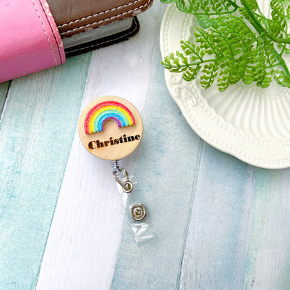 Glitter Rainbow Handmade 3D Personalized Name Badge Reel - Pink Rainbow Cloud