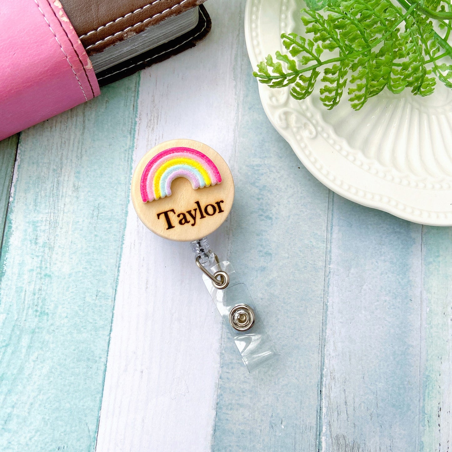 Glitter Rainbow Handmade 3D Personalized Name Badge Reel - Pink Rainbow Cloud