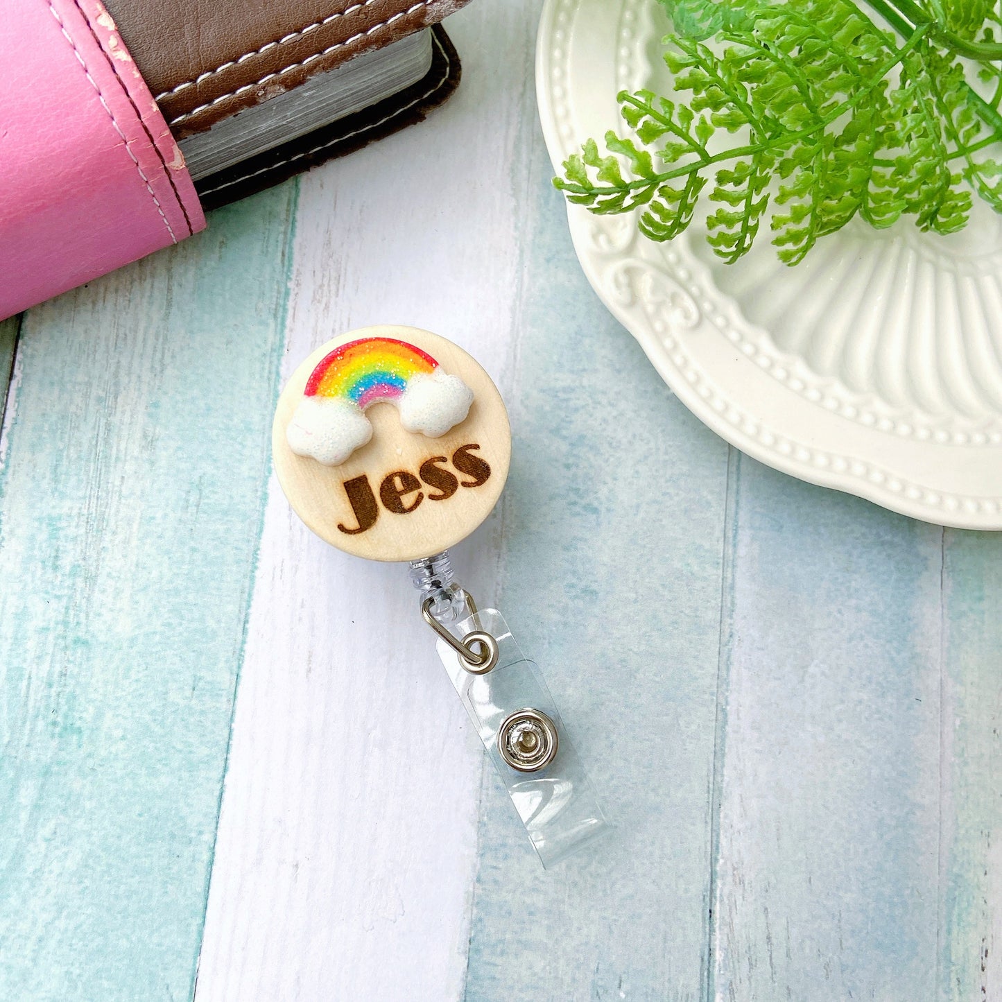 Glitter Rainbow Handmade 3D Personalized Name Badge Reel - Pink Rainbow Cloud