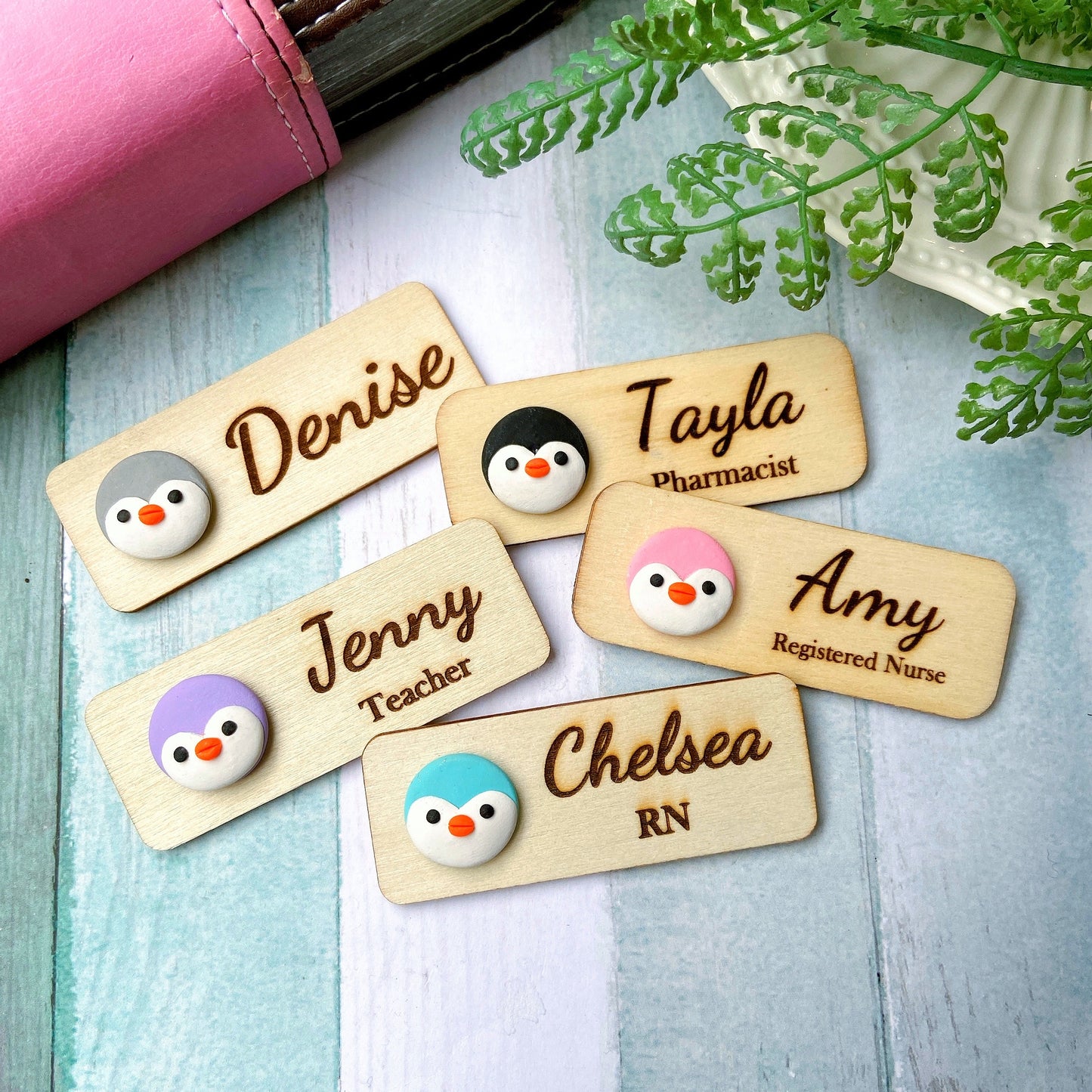 Handmade 3D Penguin Personalized Wooden Name Tag Badge - Black