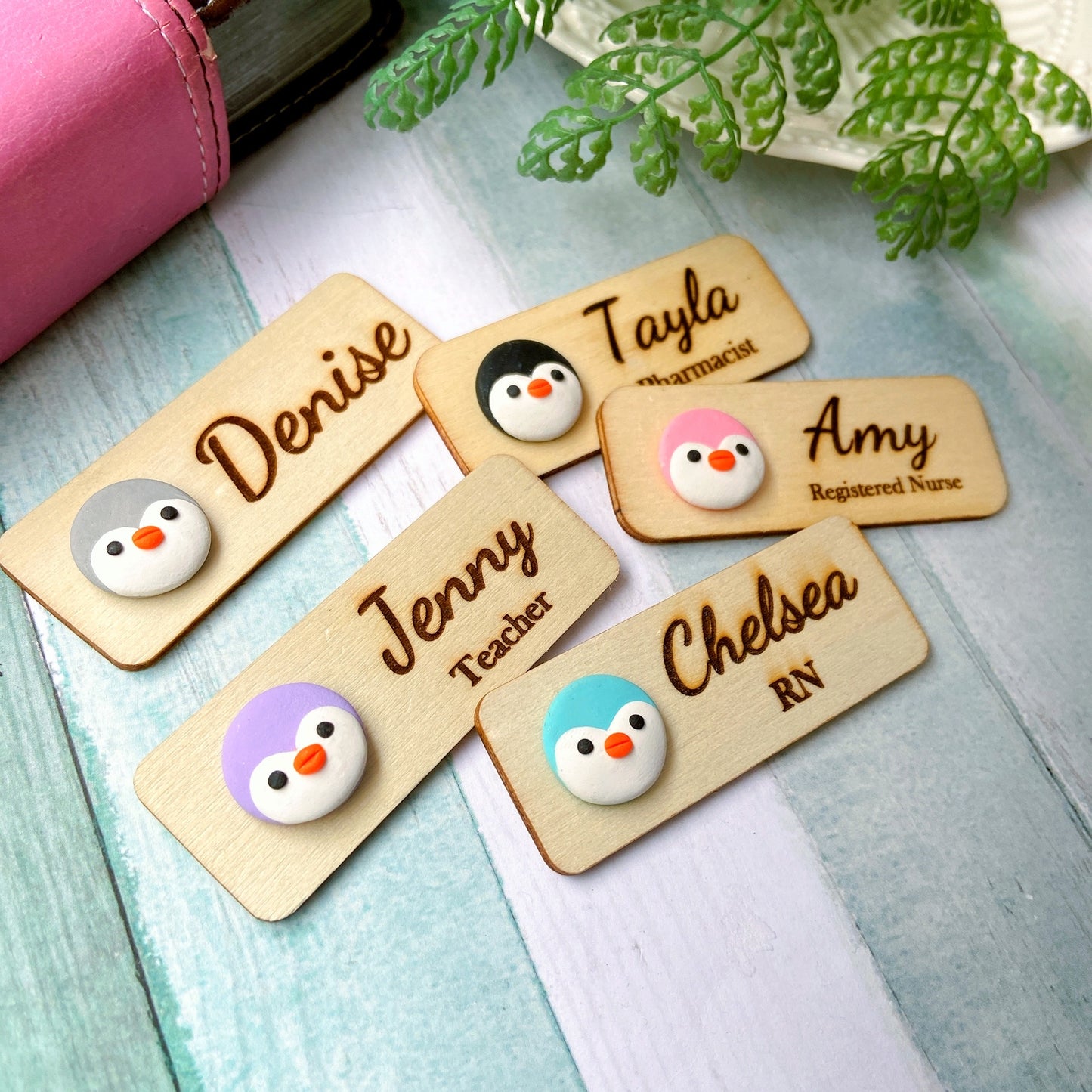 Handmade 3D Penguin Personalized Wooden Name Tag Badge - Black