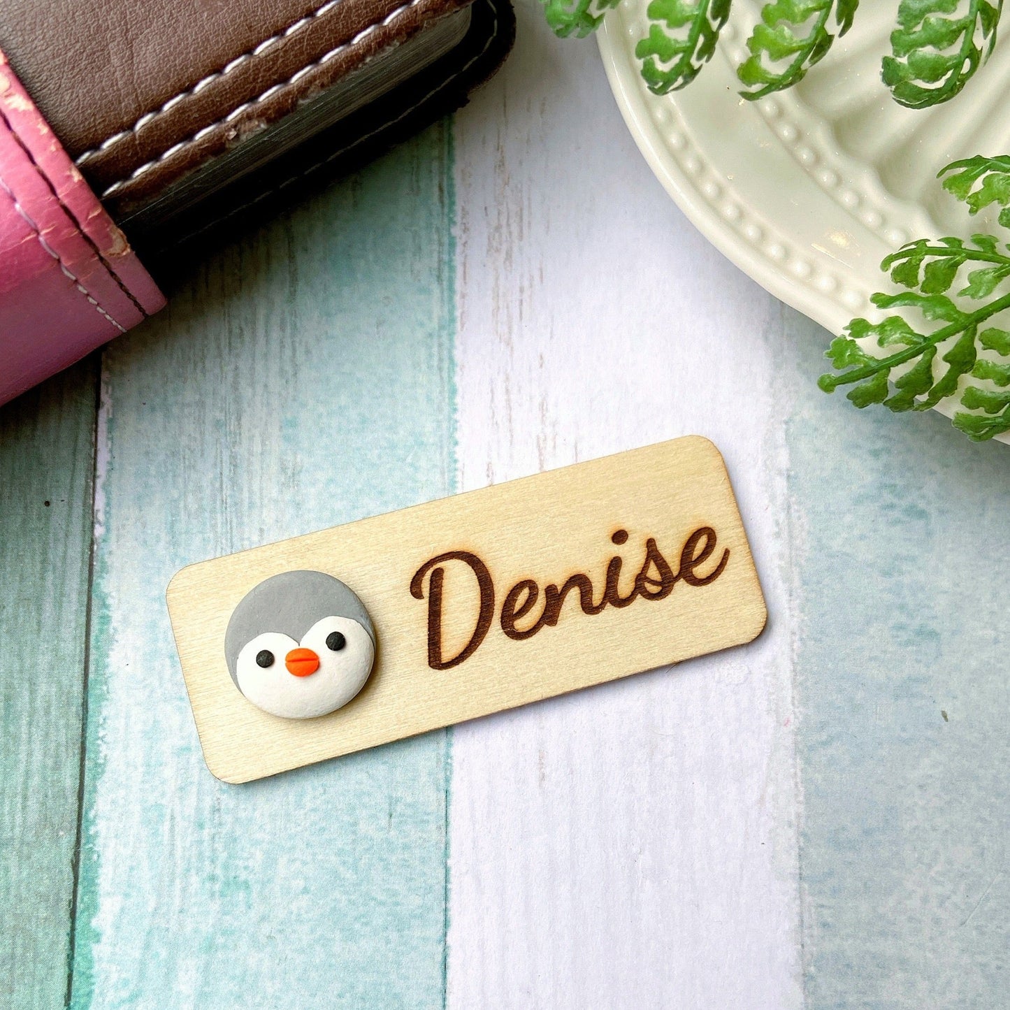 Handmade 3D Penguin Personalized Wooden Name Tag Badge - Black