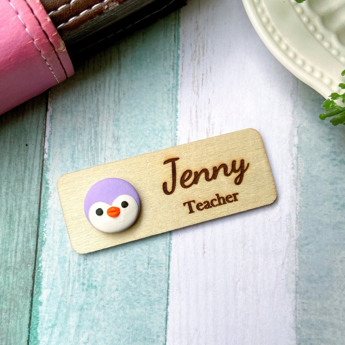 Handmade 3D Penguin Personalized Wooden Name Tag Badge - Black