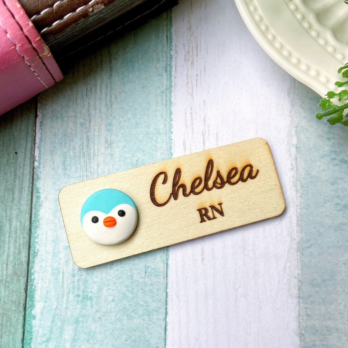 Handmade 3D Penguin Personalized Wooden Name Tag Badge - Black