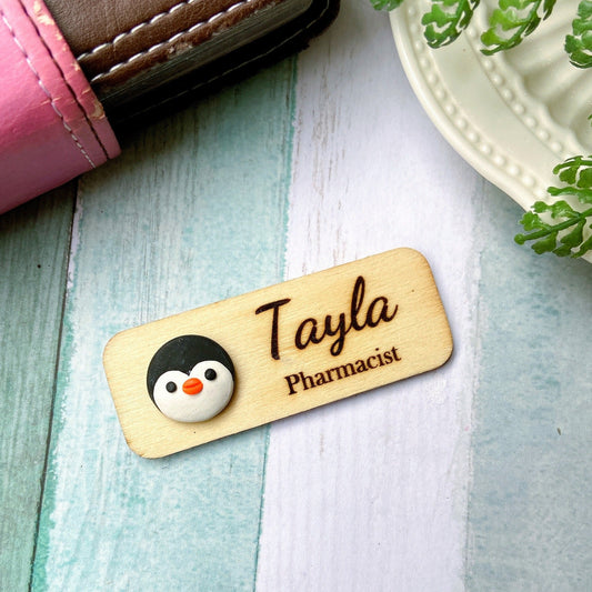 Handmade 3D Penguin Personalized Wooden Name Tag Badge - Black