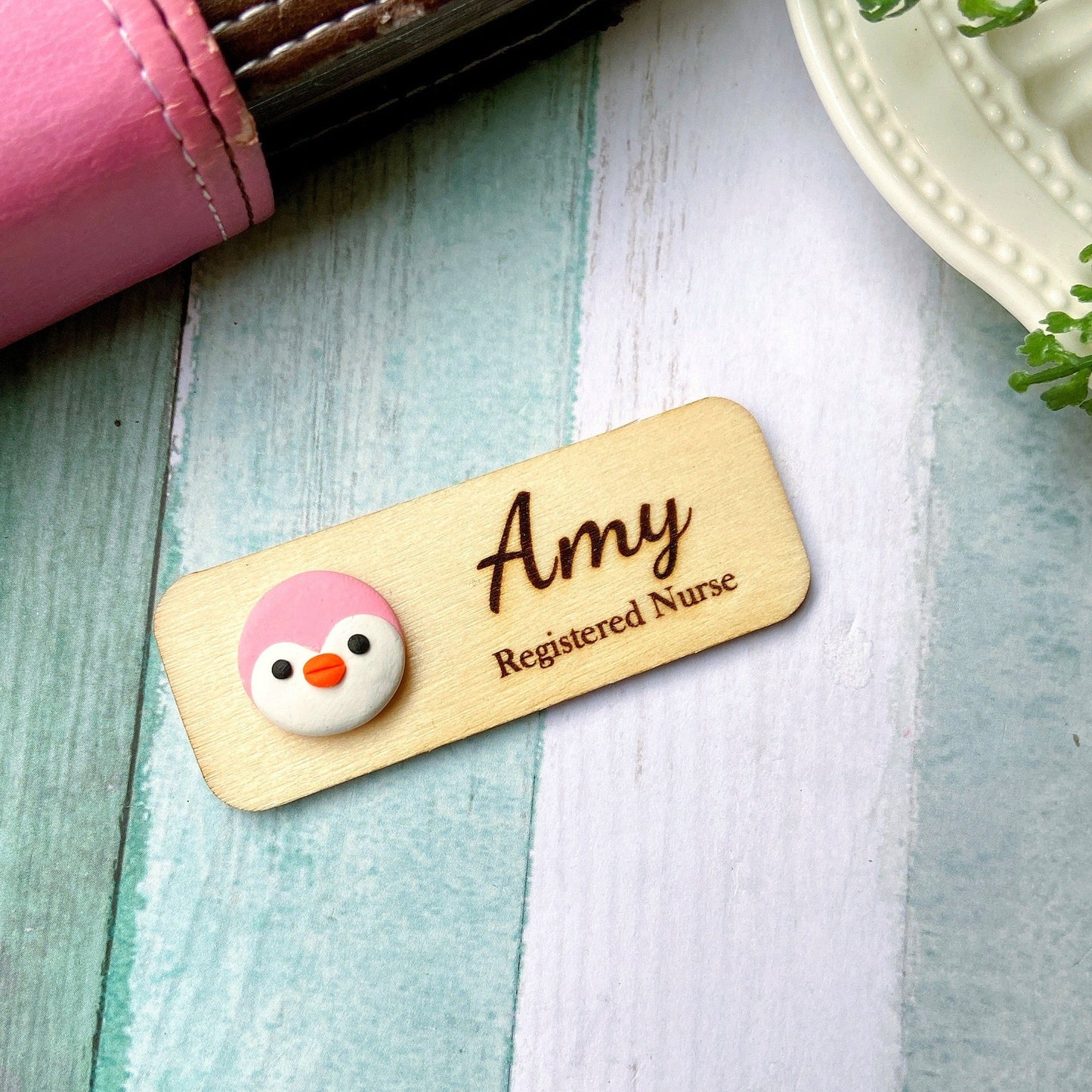 Handmade 3D Penguin Personalized Wooden Name Tag Badge - Black