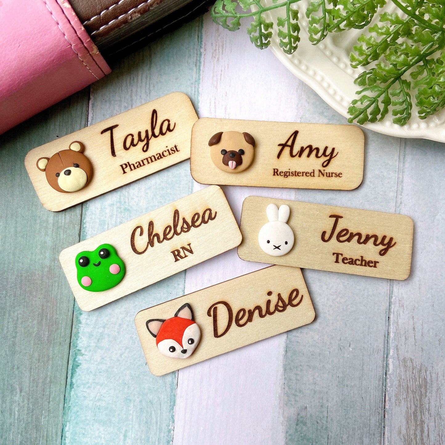 Handmade Adorable 3D Animals Personalized Wooden Name Tag Badge - Bunny