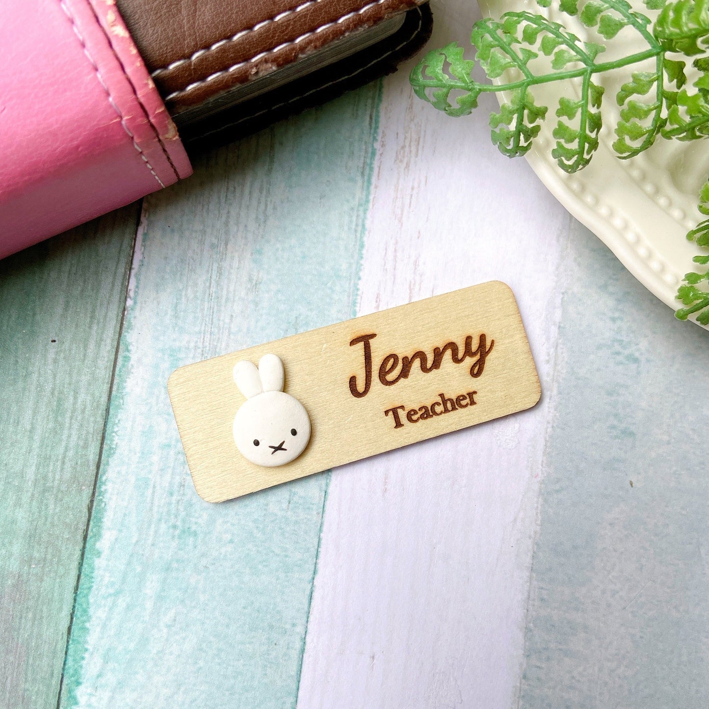 Handmade Adorable 3D Animals Personalized Wooden Name Tag Badge - Bunny