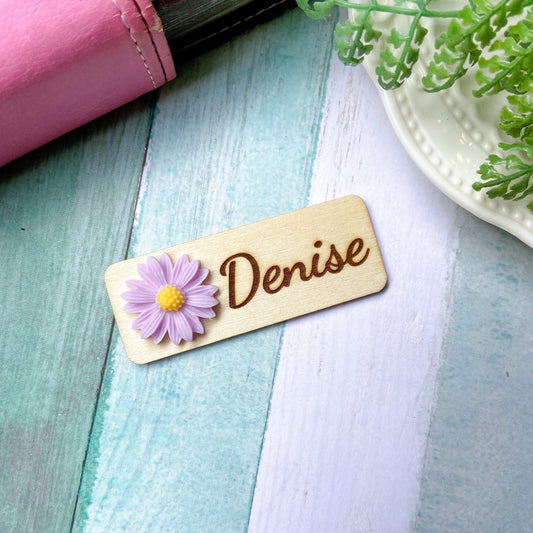 Chrysanthemum 3D Theme Personalized Wooden Name Tag Badge - Purple