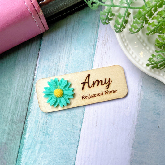 Chrysanthemum 3D Theme Personalized Wooden Name Tag Badge - Turquoise