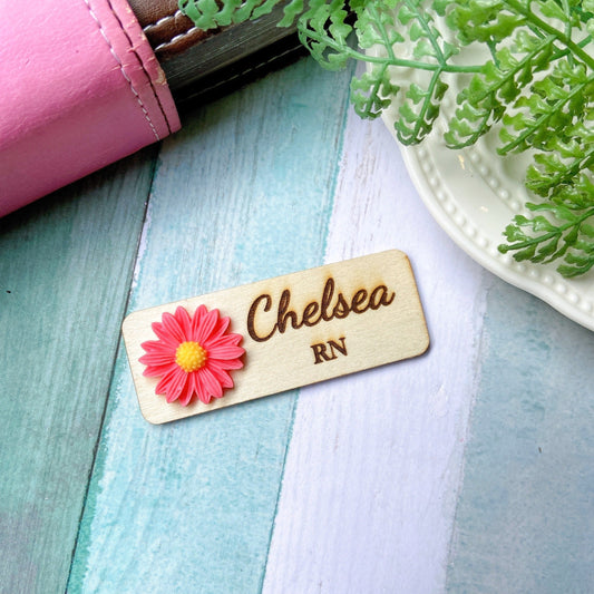 Chrysanthemum 3D Theme Personalized Wooden Name Tag Badge - Rose Pink