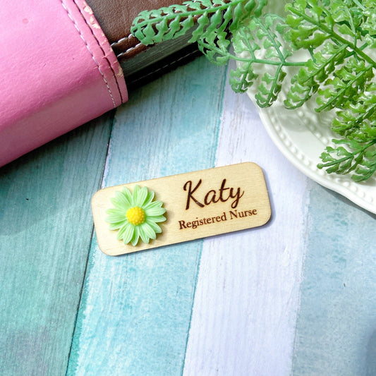 Chrysanthemum 3D Theme Personalized Wooden Name Tag Badge - Mint Green