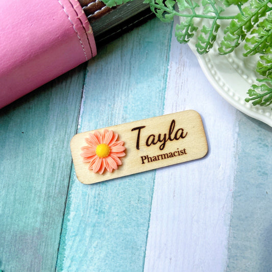 Chrysanthemum 3D Theme Personalized Wooden Name Tag Badge - Coral