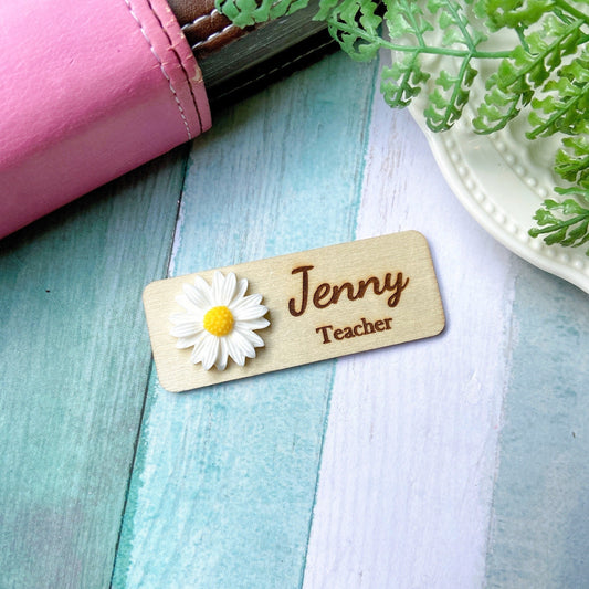 Chrysanthemum 3D Theme Personalized Wooden Name Tag Badge - White