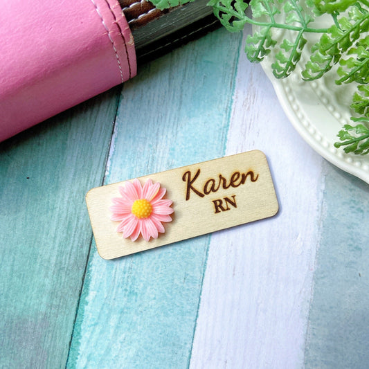 Chrysanthemum 3D Theme Personalized Wooden Name Tag Badge - Light Pink