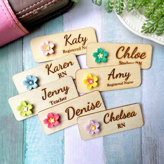 Personalized 3D Cherry Blossoms Wooden Name Tag Badge - Yellow