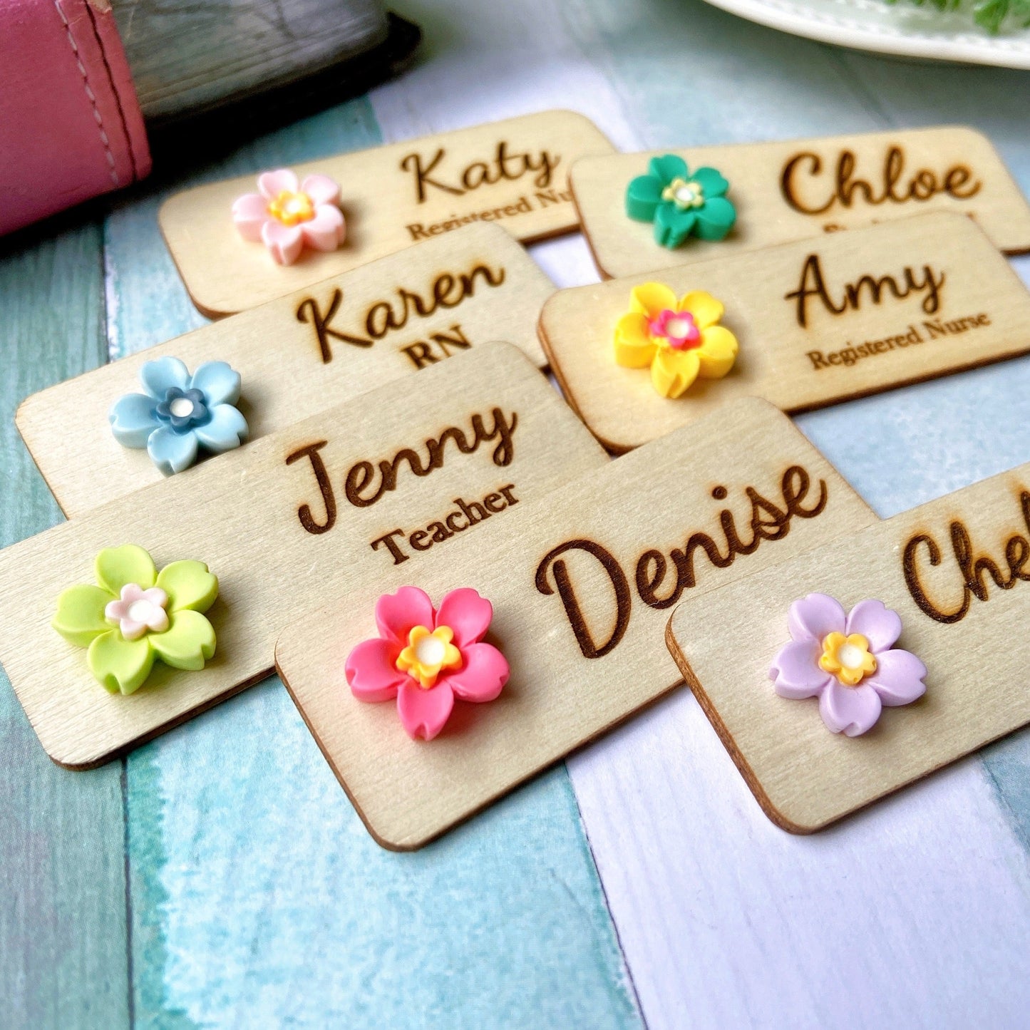 Personalized 3D Cherry Blossoms Wooden Name Tag Badge - Rose Pink