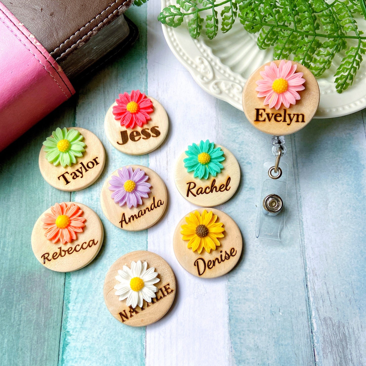 Chrysanthemum Handmade 3D Personalized Name Badge Reel - White