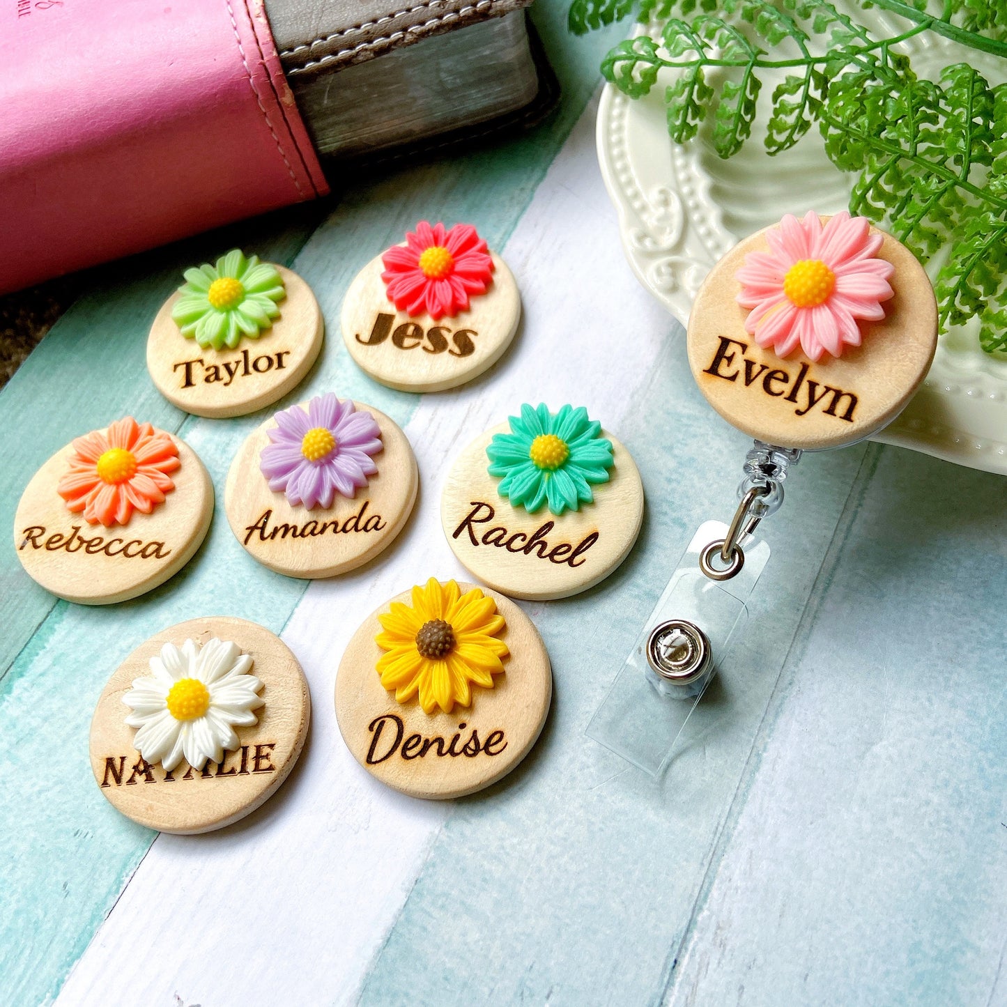 Chrysanthemum Handmade 3D Personalized Name Badge Reel - White