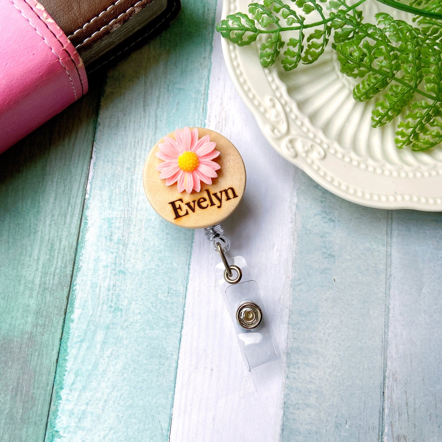 Chrysanthemum Handmade 3D Personalized Name Badge Reel - White