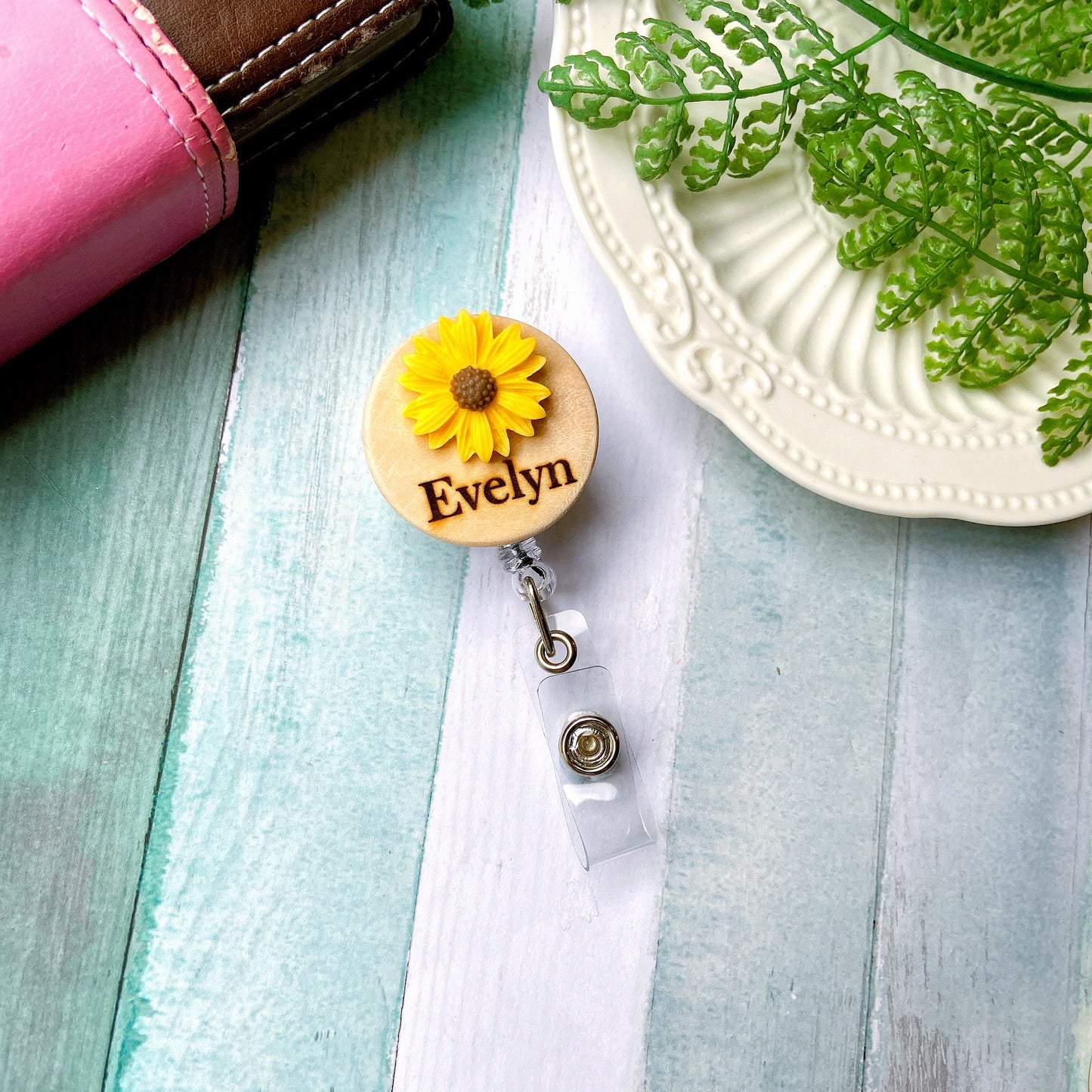 Chrysanthemum Handmade 3D Personalized Name Badge Reel - White