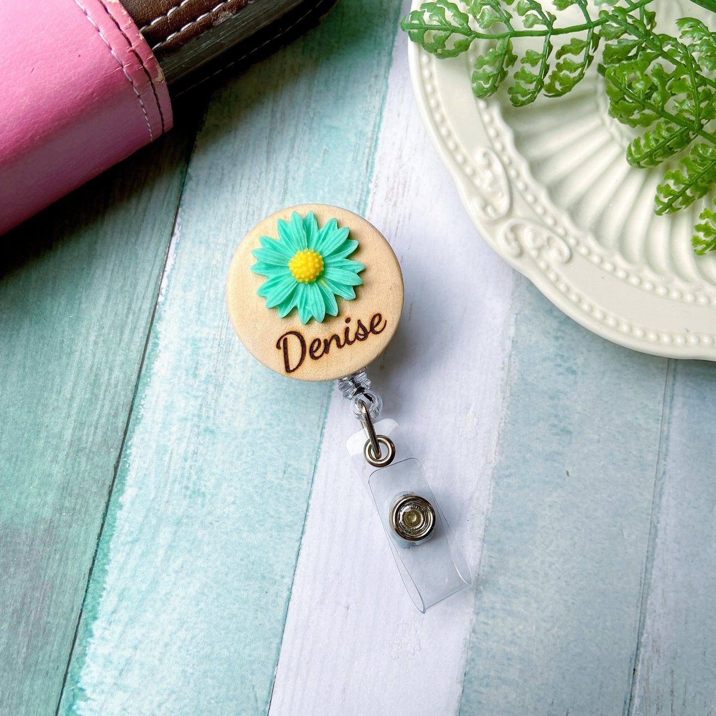 Chrysanthemum Handmade 3D Personalized Name Badge Reel - White