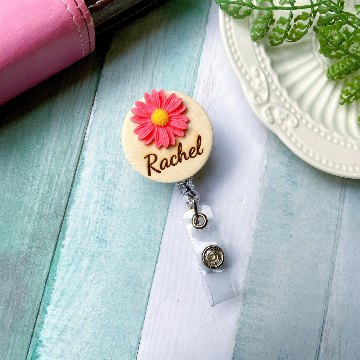 Chrysanthemum Handmade 3D Personalized Name Badge Reel - White