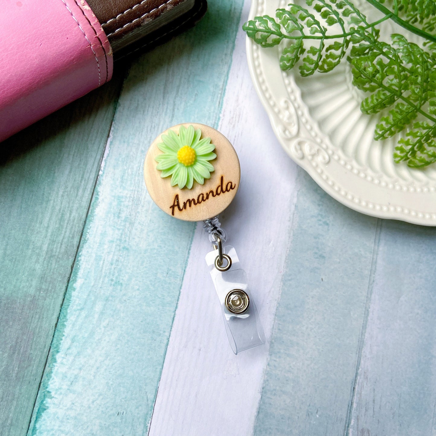 Chrysanthemum Handmade 3D Personalized Name Badge Reel - White