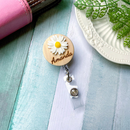 Chrysanthemum Handmade 3D Personalized Name Badge Reel - White