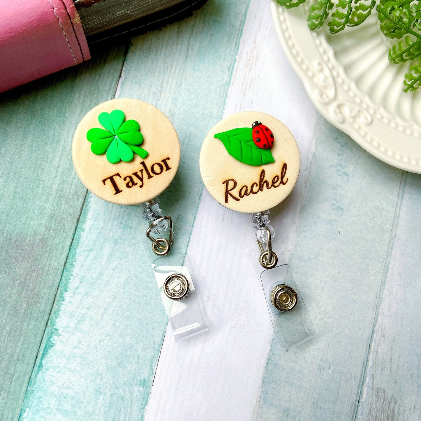 Plant Handmade 3D Personalized Wooden Name Badge Reel - Ladybug and Leaf