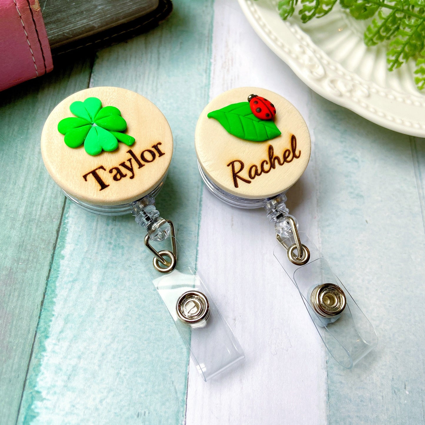 Plant Handmade 3D Personalized Wooden Name Badge Reel - Ladybug and Leaf