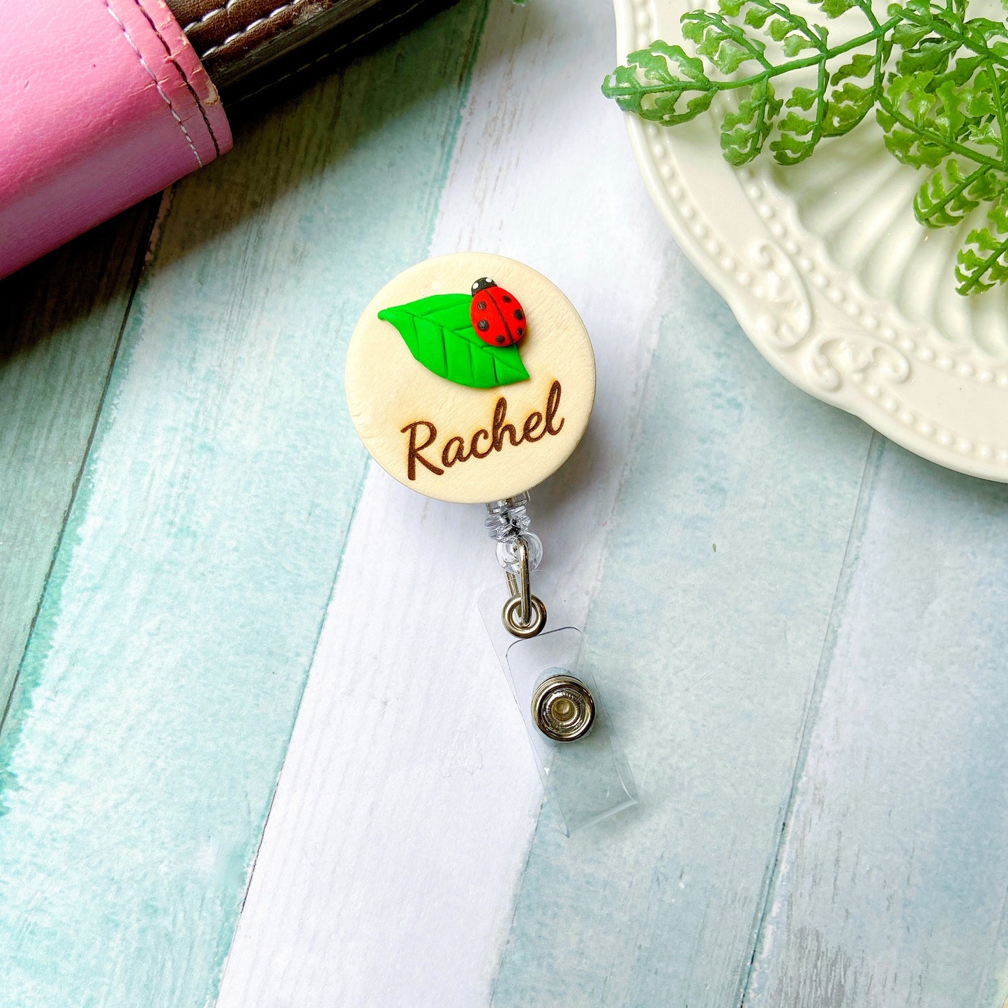 Plant Handmade 3D Personalized Wooden Name Badge Reel - Ladybug and Leaf