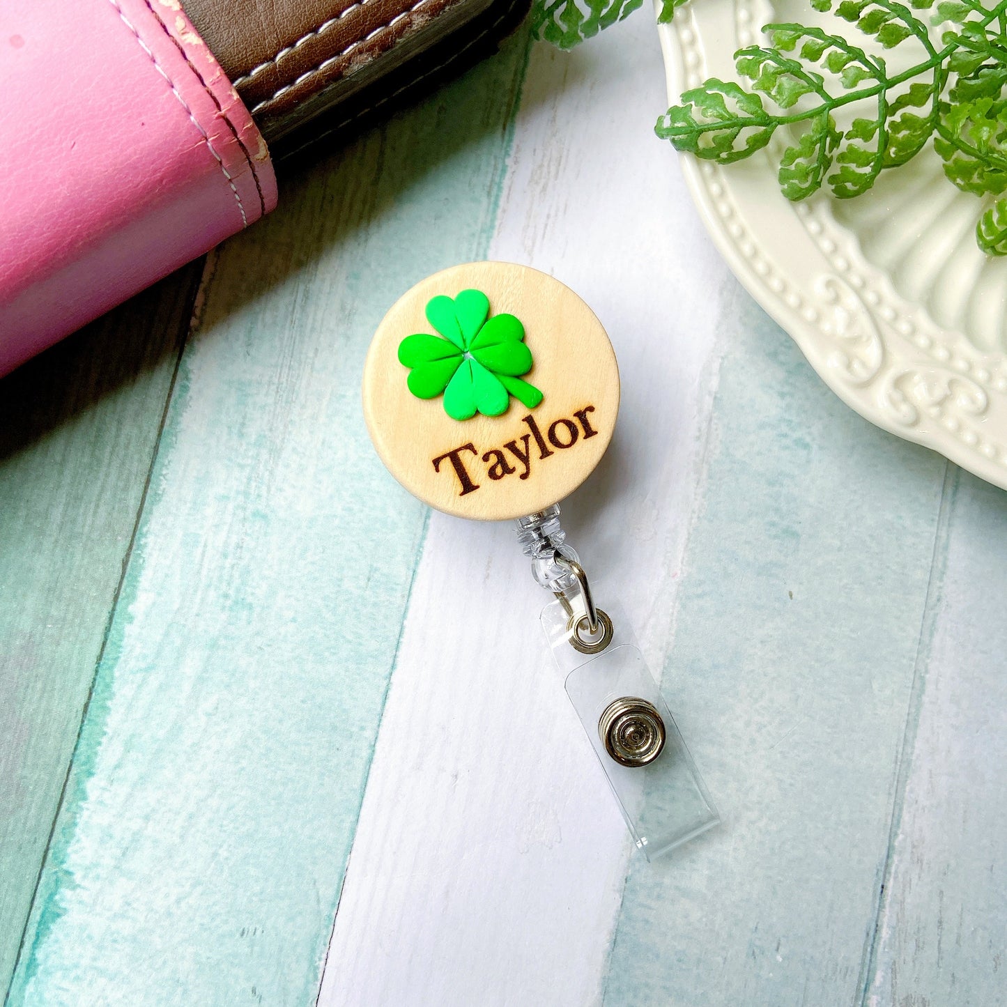 Plant Handmade 3D Personalized Wooden Name Badge Reel - Ladybug and Leaf