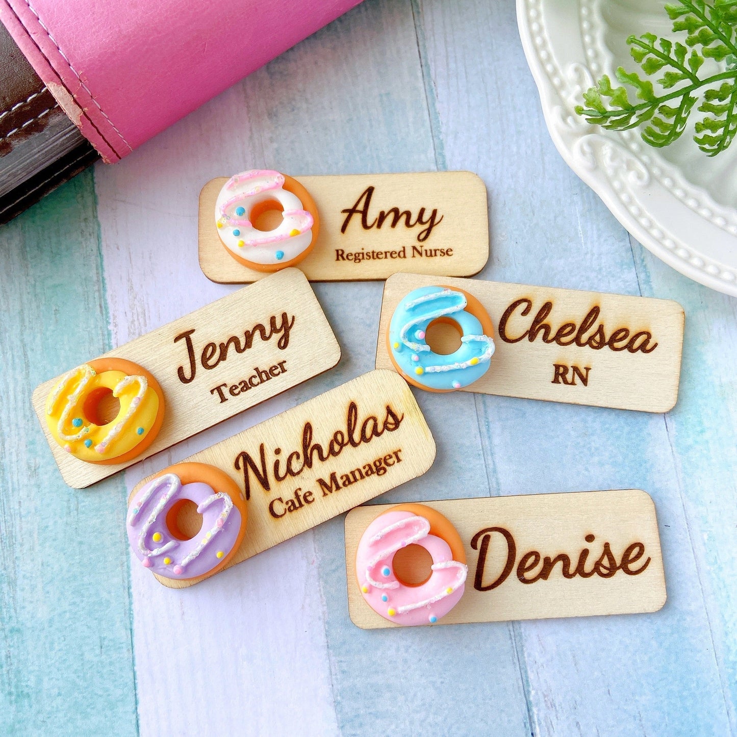 Personalized 3D Doughnut Wooden Name Tag Badge - Pink