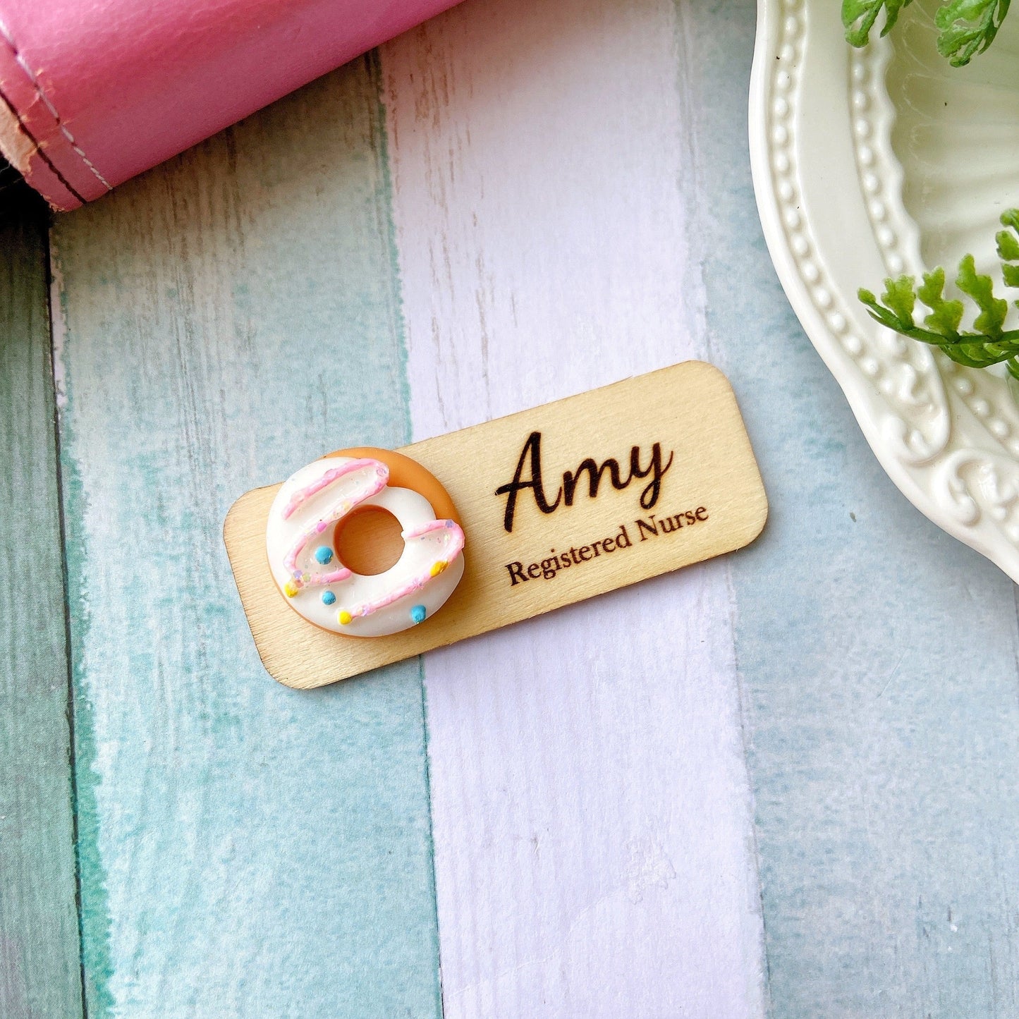 Personalized 3D Doughnut Wooden Name Tag Badge - Pink