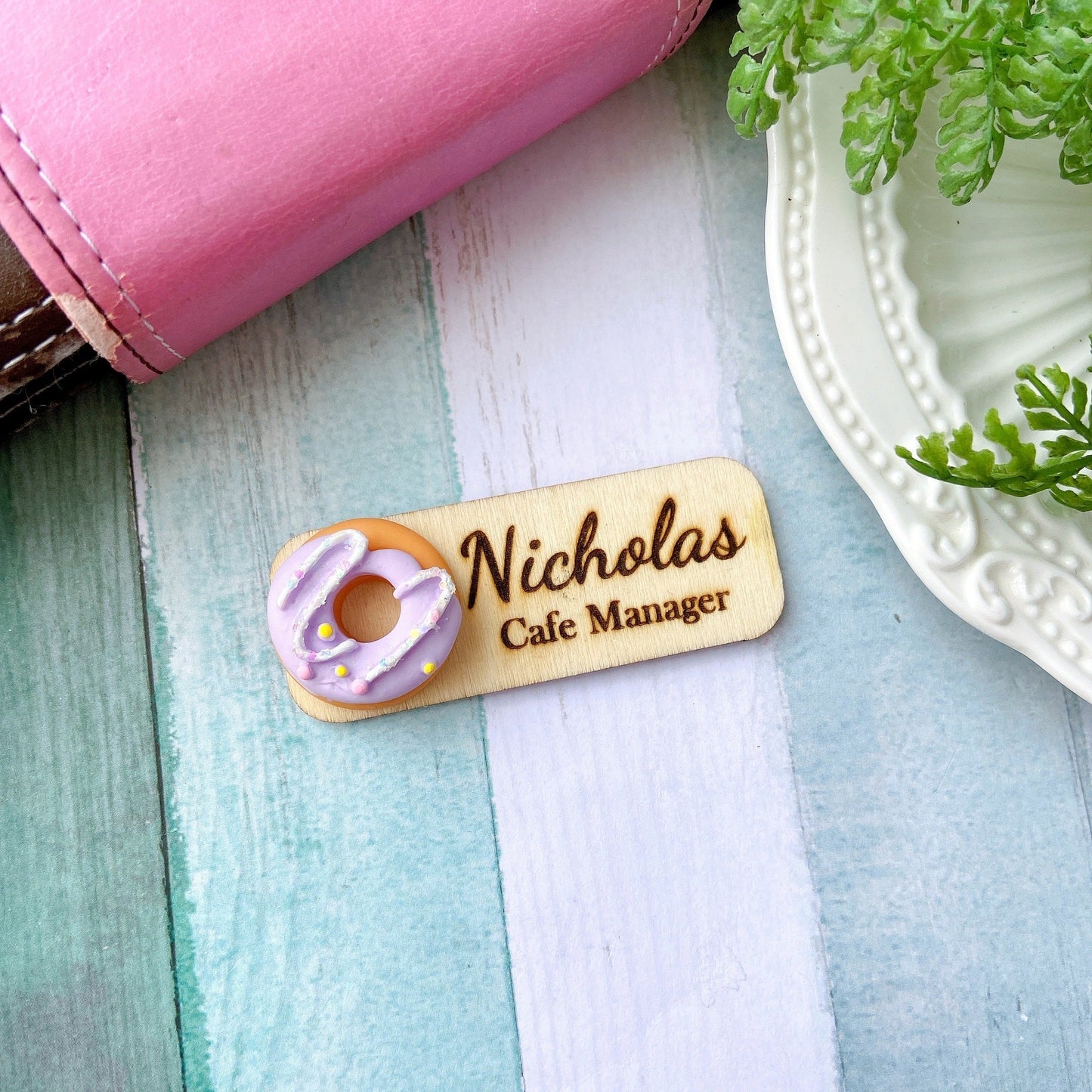 Personalized 3D Doughnut Wooden Name Tag Badge - White