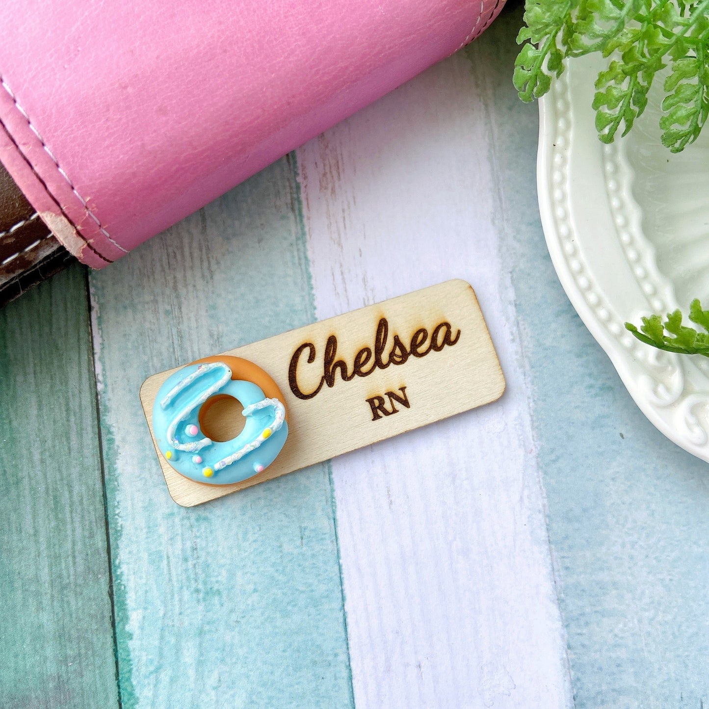 Personalized 3D Doughnut Wooden Name Tag Badge - Pink