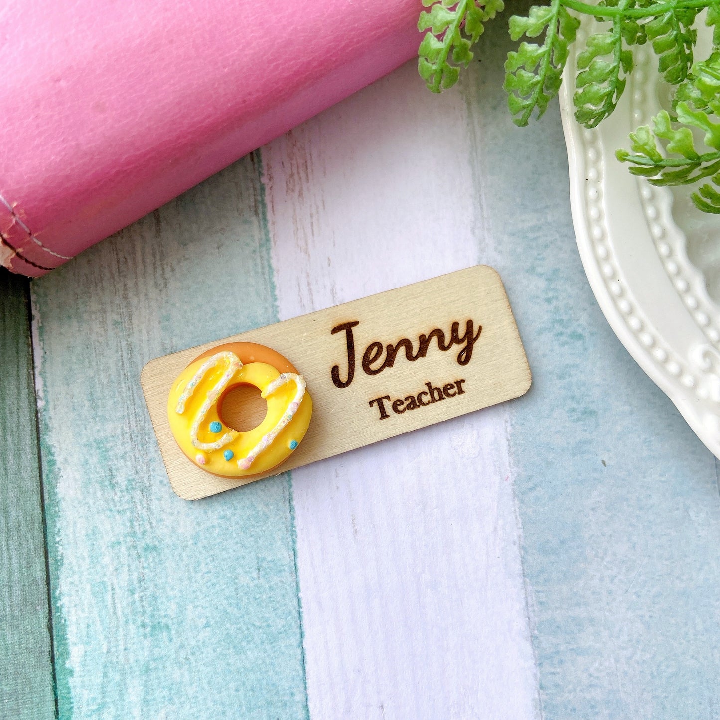 Personalized 3D Doughnut Wooden Name Tag Badge - Yellow