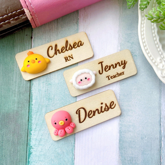 Adorable Personalized 3D Cartoon Animals Wooden Name Tag Badge - Octopus