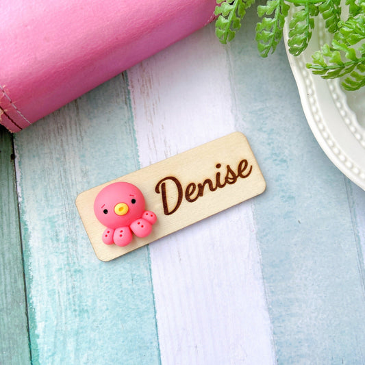 Adorable Personalized 3D Cartoon Animals Wooden Name Tag Badge - Octopus